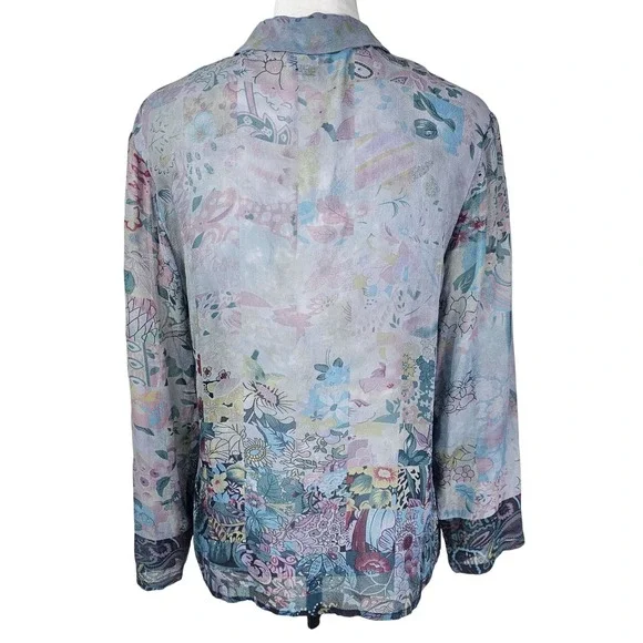 Citron Santa Monica Silk‎ Floral Button-Up Blouse S Sheer Asian Flowy Side Slit - Picture 3 of 10